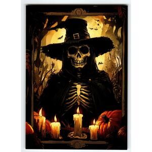 Vintage Halloween Skeleton Witch Postcard with Candles and Pumpkins